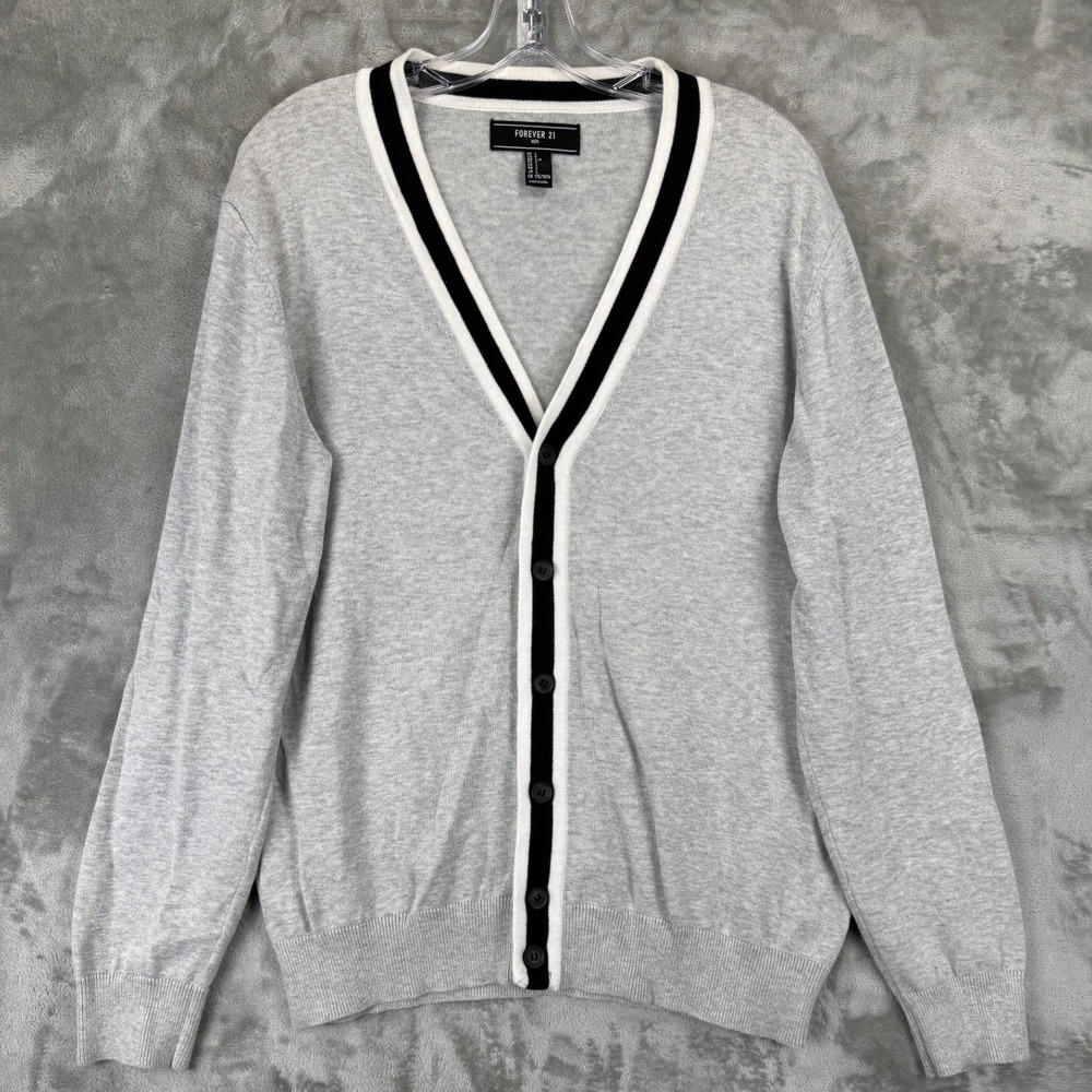 Forever 21 Men Gray Varsity Stripe V-Neck Button Front Cardigan Sweater Large